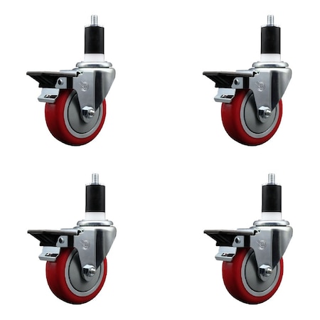 Service Caster 4'' Red Poly Swivel 1-1/2'' Expanding Stem Caster Set with Brake, 4PK SCC-EX20S414-PPUB-RED-PLB-112-4